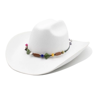 White wide brim western cowboy hat with colorful bohemian beaded band and wool felt finish