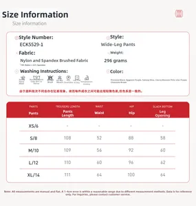 Detailed size information chart for women's brushed yoga lounge set with wide leg pants