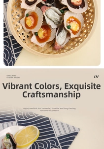 Detailed macro view of realistic PVC oyster and scallop food models for food decoration