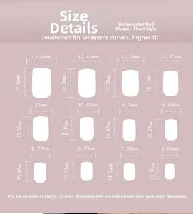 Size chart for pink 3D wave press-on nails showing 12 dimensions for the 24pc fake nail set