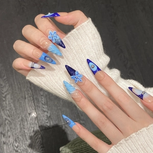 Blue 3D embossed flower stiletto press-on nails with gradient ocean hand-painted art
