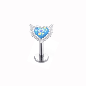 Silver heart wing labret piercing jewelry featuring a blue opal center stone