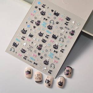 Holographic cartoon cat paw nail art stickers with black cat and laser star designs