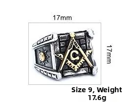 Detailed size view of Freemason ring with 17mm face width and engraved Masonic symbols