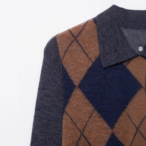 Men's retro argyle knit polo shirt in navy and brown featuring a classic collar design