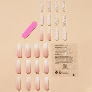 Extra long french press-on nails set with pink gradient, marble pattern and crystals