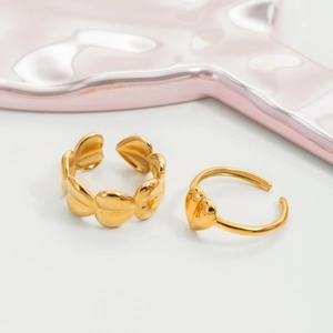 Golden heart-shaped stainless steel open rings with elegant minimalist design for women