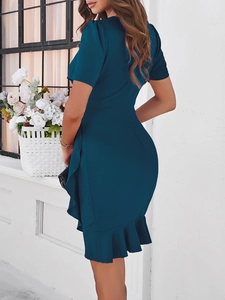 Side view of elegant navy blue bodycon dress with short sleeves and ruffled hem detail