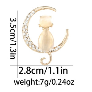 Detailed size chart of a moon cat brooch with rhinestones and opal-like gems
