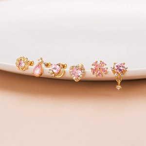 Set of 6 gold stainless steel stud earrings with pink zircon in floral and heart shapes