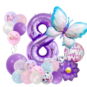 Detail of purple butterfly 8th birthday balloon set with foil number and latex pieces