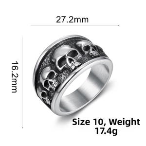 Detail view of punk skull ring showing 16.2mm width and 10# size measurements
