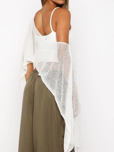 Chic white knit mesh poncho shawl top in a relaxed fit for stylish sun protection