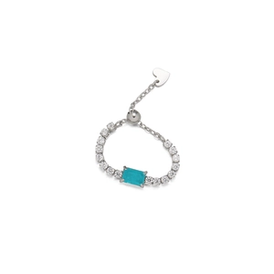 Detailed view of adjustable chain ring with rectangular blue gem and heart charm