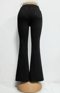 Detail view of high waist flared jeans showing back pockets and body-shaping fit in black