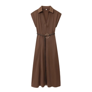 Vestido Midi Sin Mangas Elegante Poliéster Cuello Camisero Marrón Liso Cintura Alta Con Cinturón Moda Para Mujeres