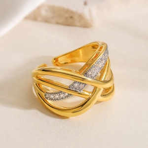 Irregular geometric layered open ring in 18K gold plated brass with cubic zirconia