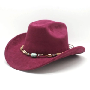 Burgundy faux suede cowboy hat featuring bohemian beaded band with turquoise accents