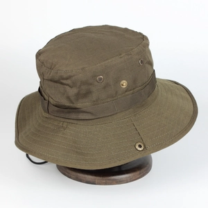 Detail of olive green boonie hat with metal eyelets and adjustable chin strap