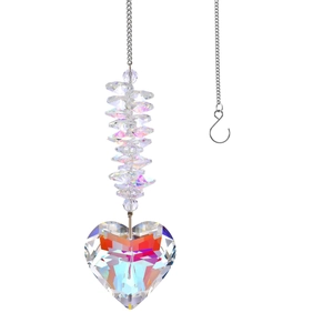 Heart shaped AB crystal suncatcher with silver chain and prism beads for home garden decor