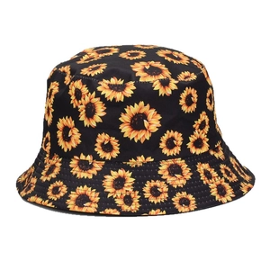 Outdoor black bucket hat with vibrant sunflower print for sun protection and casual wear