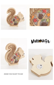 Detail of wooden squirrel light showing multilayered cutouts and battery compartment