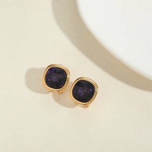Retro square purple crystal earrings with 14K gold plated frames for women