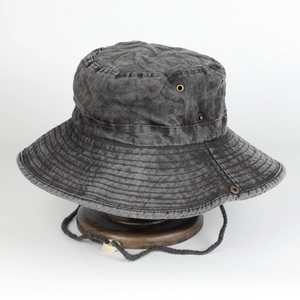 Washed Cotton Bucket Hat With Adjustable Chin Strap Vintage Wide Brim Sun Protection Outdoor Hiking Fishing Sun Hat