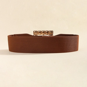 Detail of a brown elastic waist belt featuring a gold rectangular buckle and amber stones