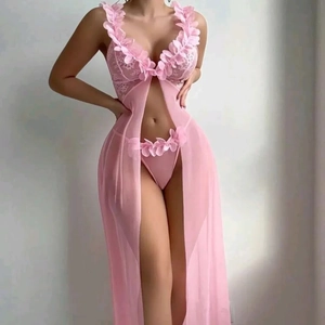 Pink sheer mesh lace lingerie set with 3D floral accents and open slit nightdress