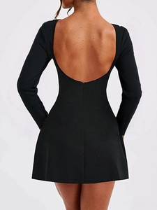 Detail showing back view of black bodycon mini dress with sexy backless design cut-out