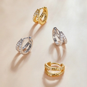 Classic double row paved zircon hoop earrings in gold and silver plating finish