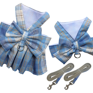 Blue plaid pet harness and leash set for small dogs and cats with breathable mesh