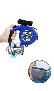 Blue camouflage retractable dog leash with integrated flashlight and waste bag dispenser