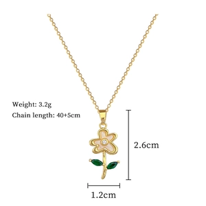 Detailed dimensions of gold floral pendant necklace with pink petals and green leaves