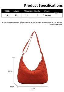 Size chart showing 32cm width and 30cm height for the nylon quilted shoulder bag