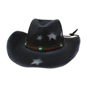 Vintage black straw cowboy hat with white star patterns and turquoise leather band decoration