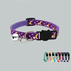 Adjustable Cat Collar With Bell Bronzing Moon Star Print Quick Release Safety Buckle For Kittens Small Dogs