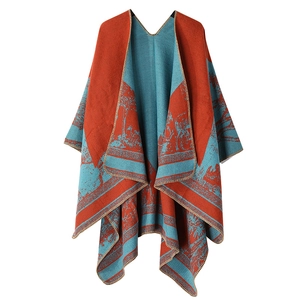 Thick reversible shawl with landscape scenery pattern and red-teal knit jacquard detail