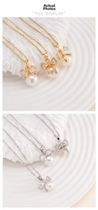 Detailed tile display of gold and silver bow pearl necklaces with zircon accents