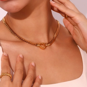 18K gold plated stainless steel choker necklace with hollow heart pendant on model