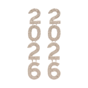 Sparkling silver fringe earrings with 2026 number design and full rhinestone pavé setting