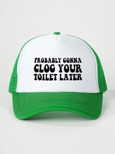 Macro view of green mesh trucker hat featuring bold humorous text on a white front panel