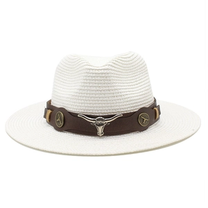 Close-up of white woven straw hat with brown leather belt and silver bull head emblem
