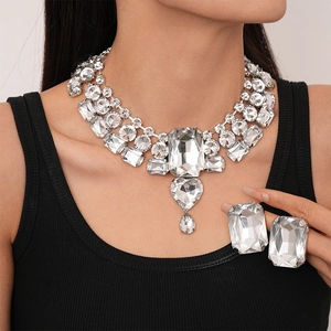Rhinestone Heart Geometric Statement Necklace And Earrings Jewelry Copper With Silver Earring Post Women