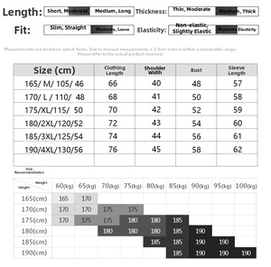 Size guide table for men's knit sweater detailing dimensions and height-weight recommendations