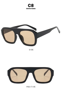 Front and side macro views of black square sunglasses with light brown lenses and C8 frame
