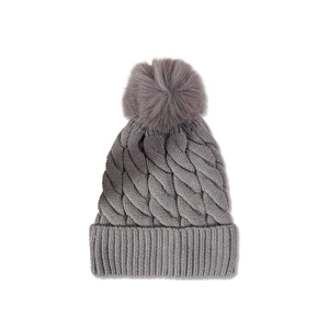 Unisex grey cable-knit beanie with large pom-pom and thick fleece lining for winter warmth