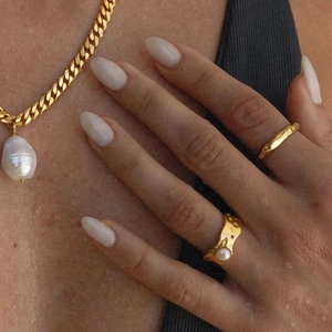 18K gold plated lava pearl ring with irregular texture and gold chunky chain necklace