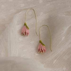 French Vintage Pink Tulip Flower Drop Earrings For Women Gold Plated Brass Enamel Floral Ear Hooks Elegant Jewelry Gift